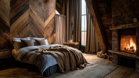 This serene rustic bedroom features a warm fireplace and elegant wooden accents, creating an inviting atmosphere perfect for relaxation and comfort.の素材