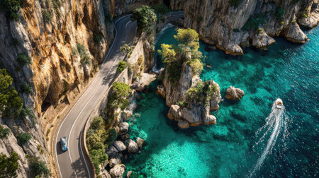A stunning aerial view of a winding coastal road with a vehicle, surrounded by vibrant turquoise water and dramatic rocky cliffs under bright sunlight.の素材