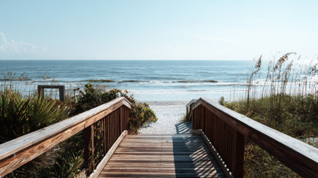A stunning coastal pathway leads visitors to a serene beach, framed by lush greenery and gentle waves under a bright blue sky, inviting relaxation.の素材