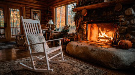 Experience the warmth and tranquility of a rustic log cabin interior with a cozy rocking chair by the fireplace, surrounded by autumn colors.の素材