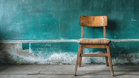 A rustic wooden chair positioned in front of a worn green wall, evoking feelings of nostalgia and simplicity in an inviting interior setting.の素材