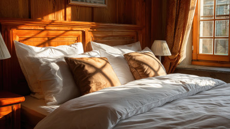 A serene bedroom captures the essence of comfort and relaxation with soft bedding, warm light, and elegant wooden decor, perfect for peaceful moments.の素材