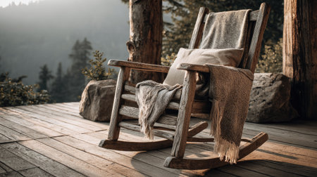 A charming wooden rocking chair set on a porch, adorned with a soft blanket, offers a cozy spot to enjoy the breathtaking mountain scenery at dawn.の素材