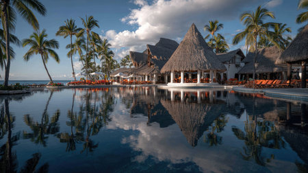 Discover a stunning tropical resort featuring palm trees and a serene pool, perfectly reflecting the beautiful sunset and inviting relaxation.の素材