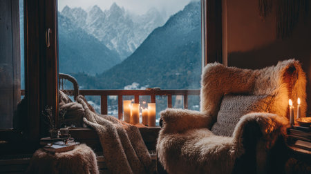A cozy winter retreat featuring a soft fur chair, warm candles, and a breathtaking mountain view, creating a tranquil and inviting atmosphere.の素材