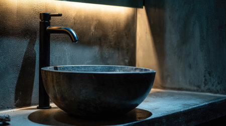 A beautifully designed dark stone sink complements a sleek faucet, illuminated by soft ambient lighting, creating a serene and minimalist bathroom atmosphere.の素材