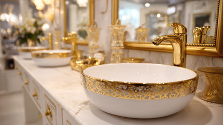 Stunning bathroom interior featuring a luxurious golden faucet and beautifully designed sink bowls on a marble countertop with elegant decor.の素材