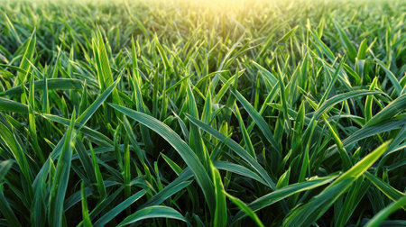 This image captures a vibrant green grass field illuminated by morning sunlight. The fresh dew creates a serene atmosphere, showcasing the beauty of nature.の素材