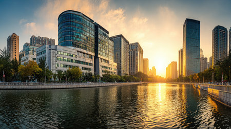 A breathtaking view of a vibrant urban skyline during sunset, with modern buildings lining a peaceful river, highlighting the beauty of city life.の素材