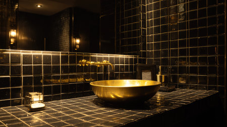 A stunning luxurious bathroom showcasing a gold sink on a dark tiled countertop, enhanced by elegant lighting, perfect for sophisticated interiors.の素材