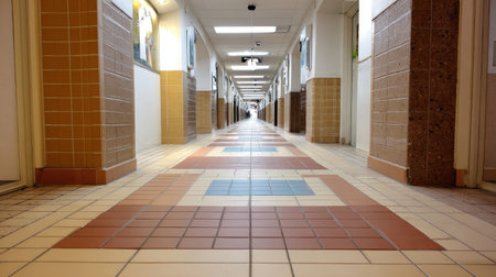 A long, empty school hallway showcasing colorful tile patterns and bright lighting that creates a spacious and inviting atmosphere.の素材