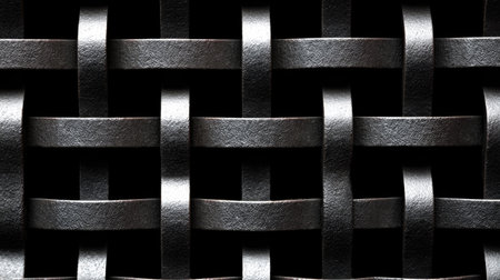 This image showcases an intricate dark metallic weave pattern, highlighting crossed straps that create a captivating depth and texture. Perfect for design projects.の素材