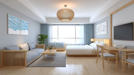 This image showcases a modern minimalist bedroom and living space bathed in natural light. The elegant design features stylish furniture and decor elements, creating a serene and inviting atmosphere ideal for relaxation.の素材