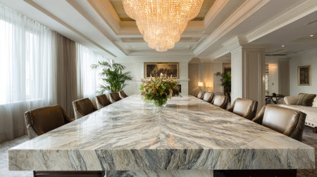 A stunning dining room featuring a luxurious marble table, exquisite chandelier, and stylish seating. The bright space exudes elegance and comfort.の素材