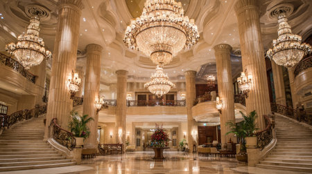 Experience the exquisite beauty of a grand hotel lobby featuring stunning crystal chandeliers, elegant decor, and inviting seating areas that radiate luxury.の素材