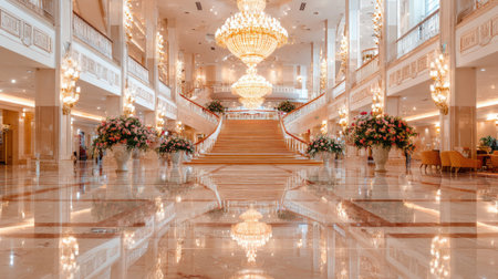 A stunning grand lobby featuring ornate crystal chandeliers, reflecting marble floors, and elegant floral arrangements, conveying a sense of luxury and hospitality.の素材