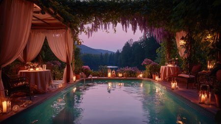 Experience a peaceful poolside retreat enriched by nature, where soft candlelight illuminates an enchanting setting, perfect for relaxation and romance.の素材