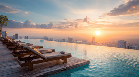 Experience the breathtaking view from a stunning rooftop infinity pool, with lounge chairs inviting relaxation as the sun sets over the vibrant city skyline.の素材