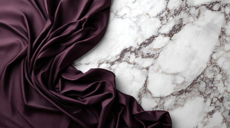 A stunning deep purple fabric gracefully drapes over a beautiful white marble surface, creating an elegant and luxurious backdrop for photography or design projects.の素材
