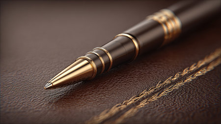 This image showcases an elegant black pen with gold accents resting on a rich brown leather surface, perfect for conveying professionalism and luxury.の素材