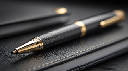 This elegant black pen featuring striking gold accents rests on a textured leather surface, embodying sophistication ideal for business and writing needs.の素材