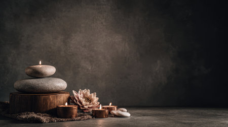 A serene arrangement featuring smooth stones, softly glowing candles, and a delicate lotus flower set against a dark background, perfect for themes of relaxation and wellness.の素材