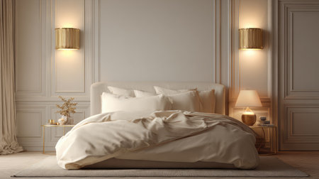 This serene minimalist bedroom features warm lighting and elegant decor, creating a peaceful atmosphere perfect for restful retreats and relaxation.の素材