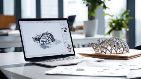 A modern office setting features a laptop showcasing a detailed architectural design alongside a 3D printed model, symbolizing innovative creativity and design.の素材