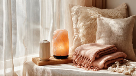 A serene indoor scene showcasing a cozy arrangement of soft pillows, a glowing salt lamp, and neatly folded blankets near a softly lit window.の素材