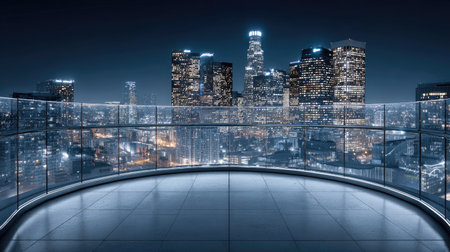 A stunning modern rooftop space offers an unobstructed view of a vibrant city skyline at night, featuring glowing skyscrapers and beautiful lights.の素材