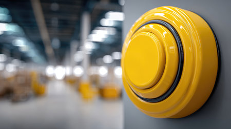 A close-up view of a vibrant yellow emergency stop button mounted on a wall, set against a softly blurred industrial warehouse backdrop. Ideal for safety-related content.の素材