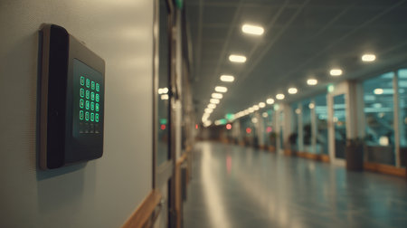 A modern security keypad mounted on a wall in a well-lit office hallway showcases advanced access control technology in a contemporary workspace environment.の素材