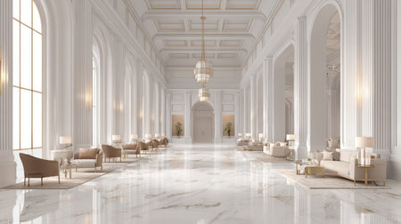 This stunning image showcases a luxurious hall featuring elegant marble flooring and stylish furniture, perfect for upscale events and gatherings.の素材