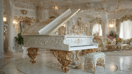 This stunning image captures a grand piano in an opulent room, featuring intricate details and elegant furnishings, showcasing a blend of luxury and artistry.の素材