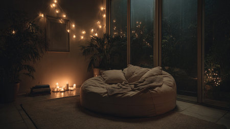 A cozy indoor space featuring soft cushions and ambient lighting, creating a warm and inviting atmosphere. Ideal for relaxation and comfort, surrounded by greenery.の素材