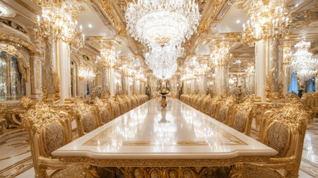 A breathtaking dining hall featuring ornate gold detailing, exquisite chandeliers, and an impressive long table, perfect for luxurious gatherings and events.の素材
