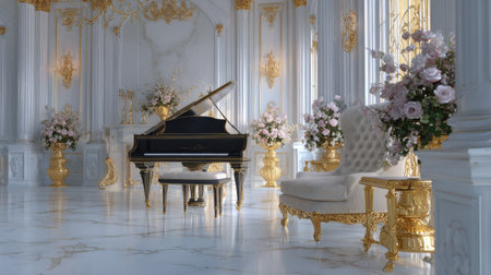 Experience a stunning blend of elegance and luxury in this interior scene featuring a grand piano, floral arrangements, and exquisite decor.の素材