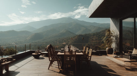 Experience a stunning view from a modern terrace overlooking majestic mountains. The inviting dining setup invites relaxation and connection with nature.の素材