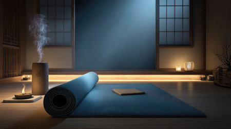 A serene wellness studio featuring a blue yoga mat, incense smoke rising from a burner, and ambient lighting creates a tranquil atmosphere for meditation.の素材