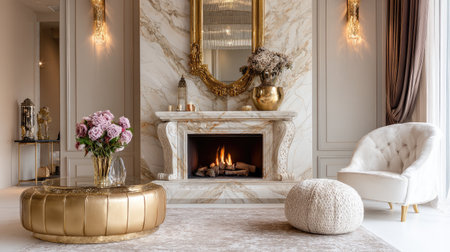 This elegant interior showcases a cozy fireplace surrounded by modern decor. Soft colors and luxurious materials create a relaxing atmosphere, perfect for stylish living.の素材