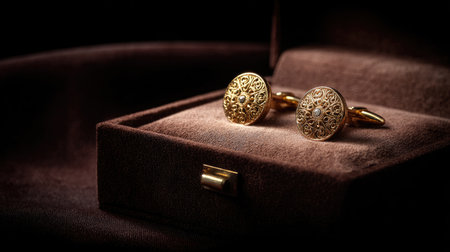 Stunning gold cufflinks displayed in a luxurious box, showcasing intricate details and a glossy finish. Perfect for elegant occasions and stylish gifts.の素材