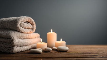 This calming spa setup features neatly folded soft towels, lit candles, and smooth pebbles, creating a serene ambiance perfect for relaxation and self-care.の素材