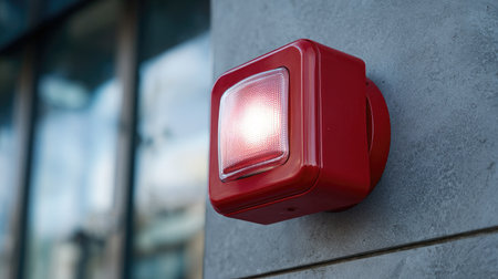 A bright red alarm siren mounted on a wall, designed for safety and security in urban areas. The image captures its illuminating function against a softly blurred background.の素材