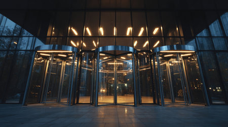 This image depicts a modern glass entrance with rotating doors, illuminated dramatically at night. The contemporary architecture enhances the urban environment's charm.の素材