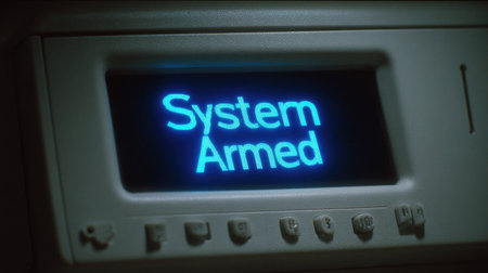 This image showcases a close-up view of a security panel featuring an illuminated blue display that reads "System Armed," highlighting the importance of security technology in modern environments.の素材