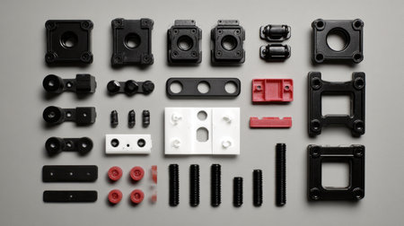 A comprehensive display of various mechanical components and parts arranged on a gray background, ideal for engineering and robotics projects.の素材