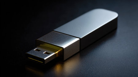 A sleek silver USB drive rests on a dark surface, highlighting its modern design and functionality for digital storage and data transfer needs.の素材