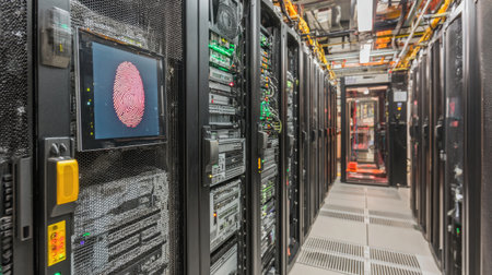 A visually striking image of a modern data center filled with advanced server racks and biometric fingerprint security technology, showcasing the intersection of security and modern computing.の素材