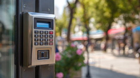 A modern access control system featuring a keypad and fingerprint scanner in an urban setting, showcasing advanced technology for secure entry solutions.の素材