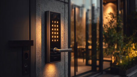 A sleek smart lock adorns an entrance door, featuring a keypad that illuminates for easy access. This modern security solution enhances both aesthetics and safety in contemporary architecture.の素材